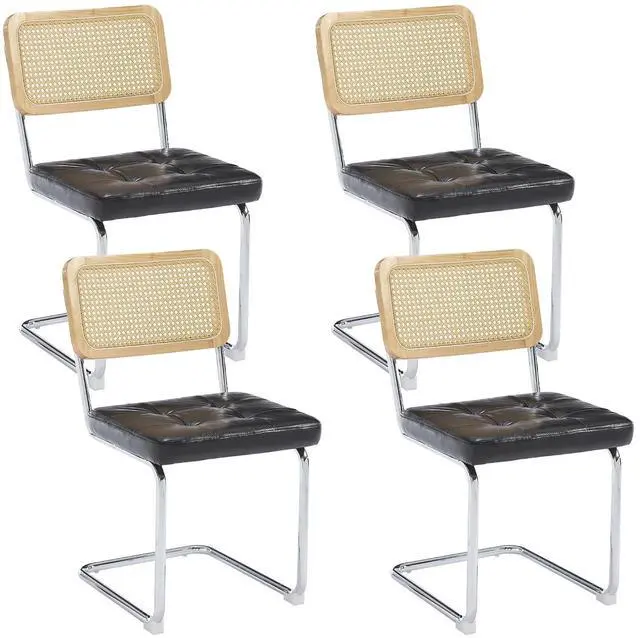 Main image of Mid Century Modern Dining Chairs Set of 4, Faux Leather Rattan Dining Room Kitchen Side Chairs with Metal Legs and Upholstered Seat for Living Room, Bedroom, Silver Legs