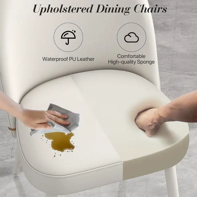 Alt view image 5 of 7 - Modern PU Leather Dining Chairs Set of 2, Upholstered Kitchen Chairs Armless Side Chairs with Curved Back and White Metal Legs for Dining Room/Restaurant(White)