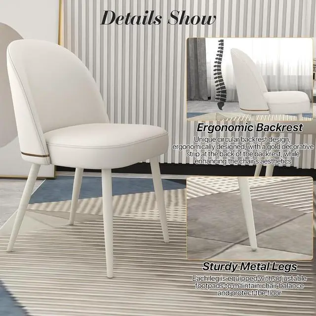 Alt view image 6 of 7 - Modern PU Leather Dining Chairs Set of 2, Upholstered Kitchen Chairs Armless Side Chairs with Curved Back and White Metal Legs for Dining Room/Restaurant(White)