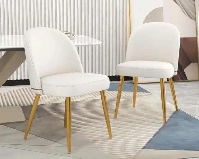 Alt view image 2 of 7 - Modern PU Leather Dining Chairs Set of 4, Upholstered Kitchen Chairs Armless Side Chairs with Curved Back and Gold Metal Legs for Dining Room/Restaurant(White)