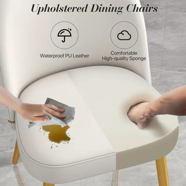 Alt view image 5 of 7 - Modern PU Leather Dining Chairs Set of 4, Upholstered Kitchen Chairs Armless Side Chairs with Curved Back and Gold Metal Legs for Dining Room/Restaurant(White)