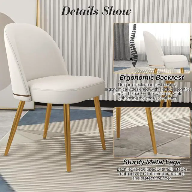 Alt view image 6 of 7 - Modern PU Leather Dining Chairs Set of 4, Upholstered Kitchen Chairs Armless Side Chairs with Curved Back and Gold Metal Legs for Dining Room/Restaurant(White)