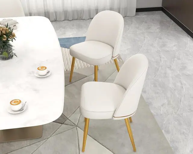 Alt view image 4 of 7 - Modern PU Leather Dining Chairs Set of 2, Upholstered Kitchen Chairs Armless Side Chairs with Curved Back and Gold Metal Legs for Dining Room/Restaurant(White)