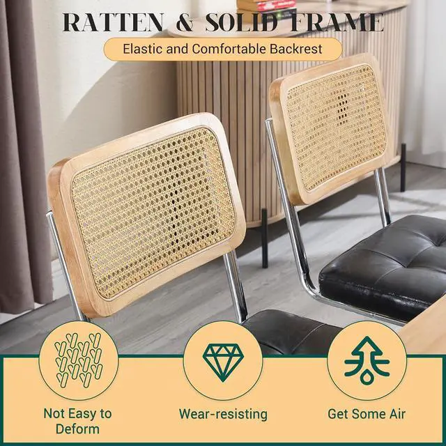 Alt view image 4 of 7 - Mid Century Modern Dining Chairs Set of 2, Faux Leather Rattan Dining Room Kitchen Side Chairs with Metal Legs and Upholstered Seat for Dining Room, Living Room, Bedroom, Silver Legs