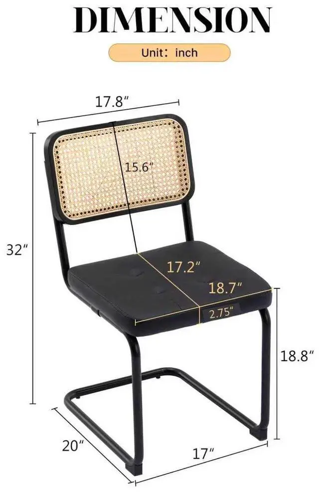 Alt view image 2 of 7 - Mid Century Modern Dining Chairs Set of 4, Faux Leather Rattan Dining Room Kitchen Side Chairs with Metal Legs and Upholstered Seat for Dining Room, Living Room, Bedroom,Black
