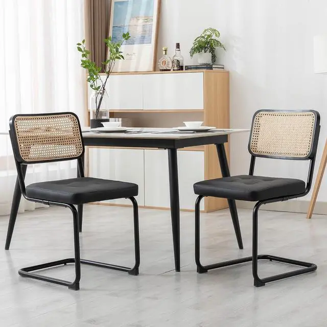 Main image of Mid Century Modern Dining Chairs Set of 2, Faux Leather Rattan Dining Room Kitchen Side Chairs with Metal Legs and Upholstered Seat for Dining Room, Living Room, Bedroom,Black