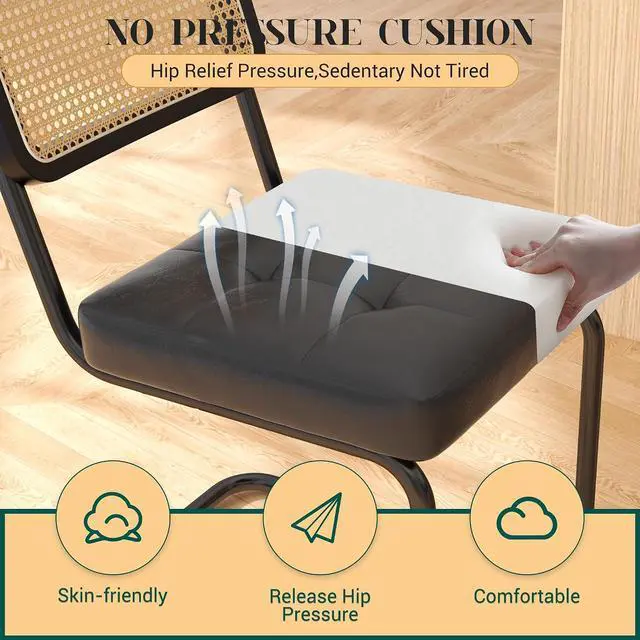 Alt view image 5 of 7 - Mid Century Modern Dining Chairs Set of 4, Faux Leather Rattan Dining Room Kitchen Side Chairs with Metal Legs and Upholstered Seat for Dining Room, Living Room, Bedroom,Black