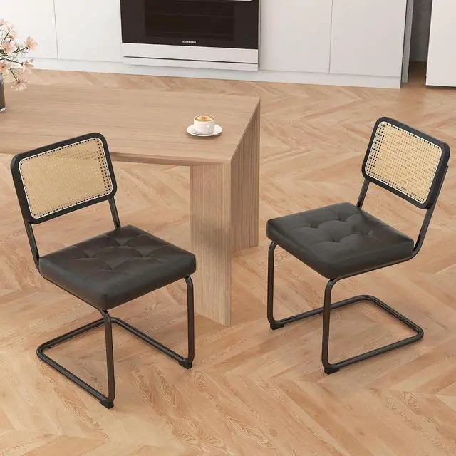 Alt view image 3 of 7 - Mid Century Modern Dining Chairs Set of 2, Faux Leather Rattan Dining Room Kitchen Side Chairs with Metal Legs and Upholstered Seat for Dining Room, Living Room, Bedroom,Black