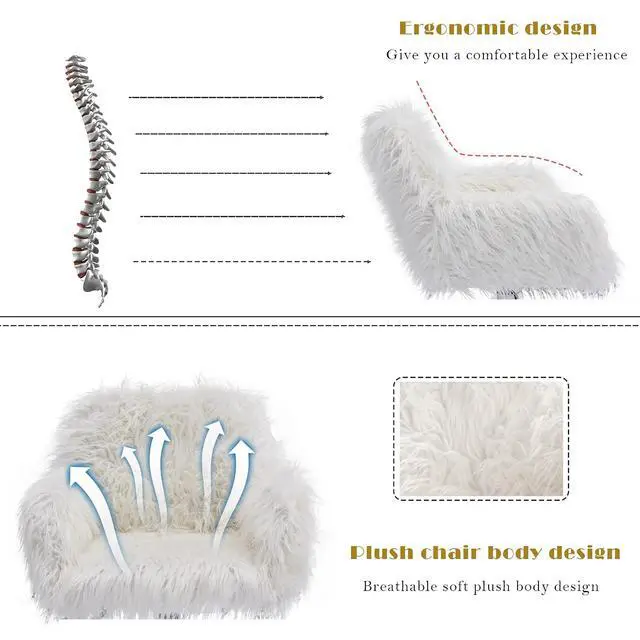 Alt view image 5 of 7 - Fluffy Office Desk Chair, Faux Fur Modern Swivel Armchair with Wheels, Soft Comfy Fuzzy Elegant Accent Makeup Vanity Chairs for Women Girls, Home Living Dressing Room Bedroom, White