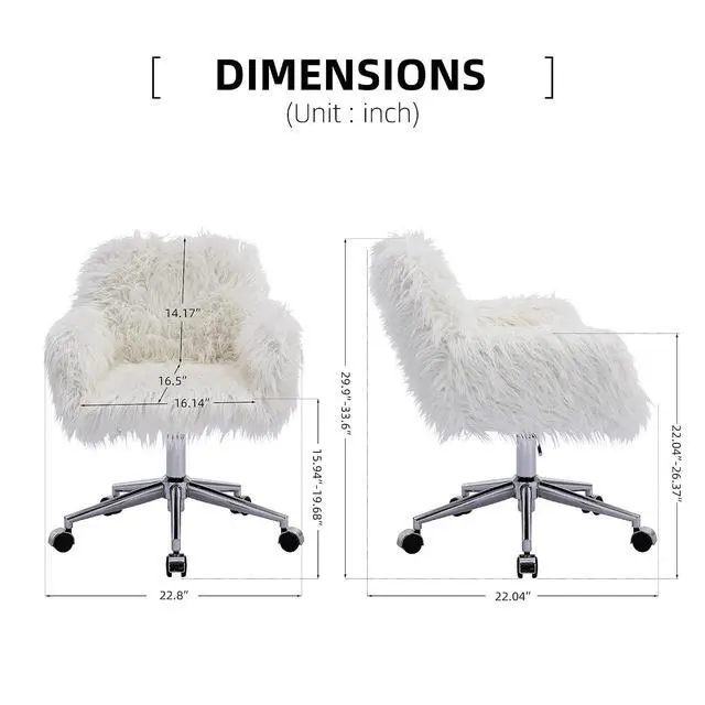 Alt view image 3 of 7 - Fluffy Office Desk Chair, Faux Fur Modern Swivel Armchair with Wheels, Soft Comfy Fuzzy Elegant Accent Makeup Vanity Chairs for Women Girls, Home Living Dressing Room Bedroom, White