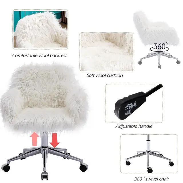 Alt view image 4 of 7 - Fluffy Office Desk Chair, Faux Fur Modern Swivel Armchair with Wheels, Soft Comfy Fuzzy Elegant Accent Makeup Vanity Chairs for Women Girls, Home Living Dressing Room Bedroom, White