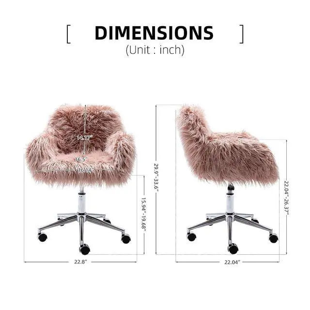 Alt view image 3 of 7 - Fluffy Office Desk Chair, Faux Fur Modern Swivel Armchair with Wheels, Soft Comfy Fuzzy Elegant Accent Makeup Vanity Chairs for Women Girls, Home Living Dressing Room Bedroom, Pink