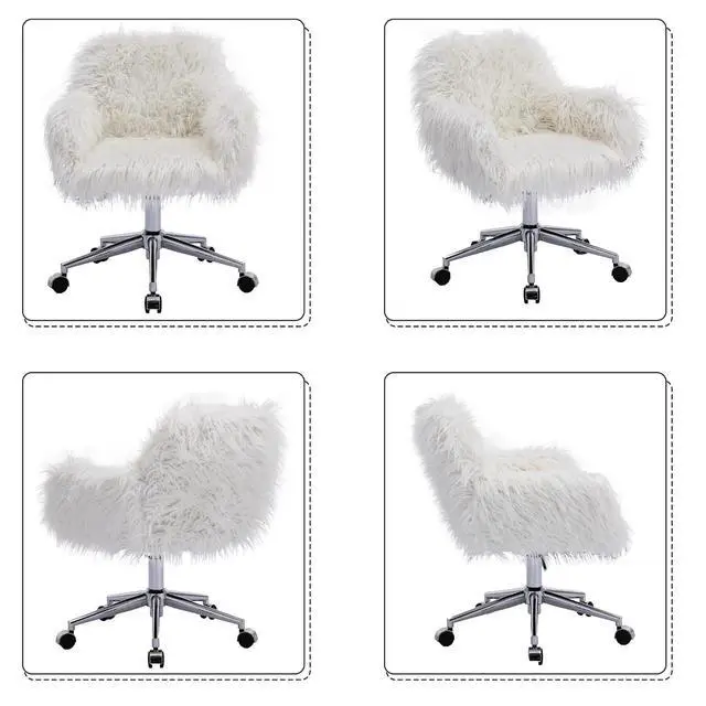 Alt view image 6 of 7 - Fluffy Office Desk Chair, Faux Fur Modern Swivel Armchair with Wheels, Soft Comfy Fuzzy Elegant Accent Makeup Vanity Chairs for Women Girls, Home Living Dressing Room Bedroom, White