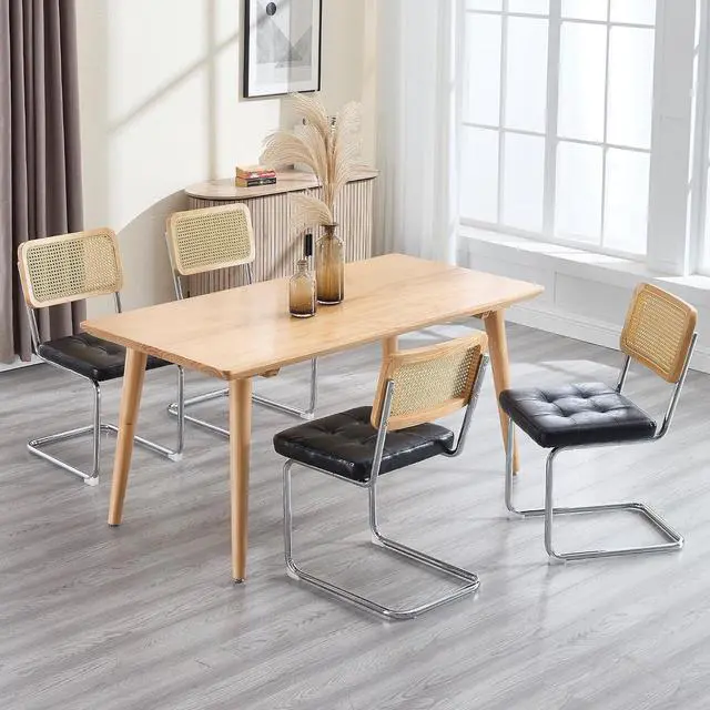 Alt view image 4 of 7 - Mid Century Modern Dining Chairs Set of 4, Faux Leather Rattan Dining Room Kitchen Side Chairs with Metal Legs and Upholstered Seat for Living Room, Bedroom, Silver Legs