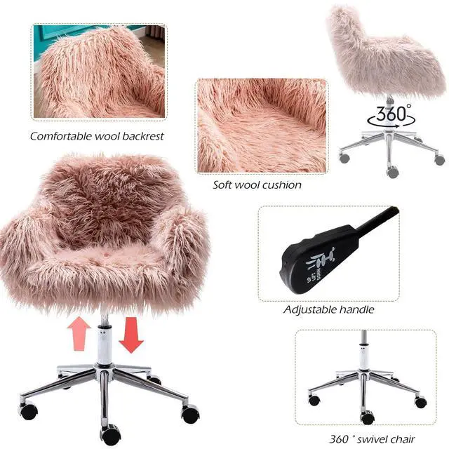 Alt view image 4 of 7 - Fluffy Office Desk Chair, Faux Fur Modern Swivel Armchair with Wheels, Soft Comfy Fuzzy Elegant Accent Makeup Vanity Chairs for Women Girls, Home Living Dressing Room Bedroom, Pink