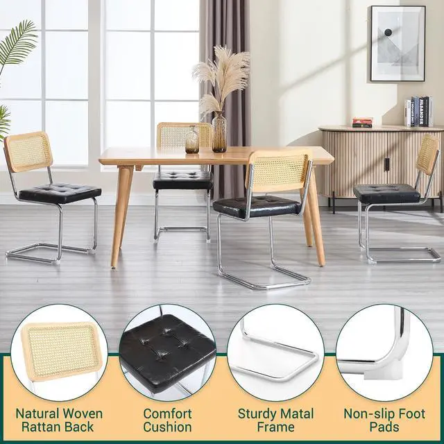 Alt view image 6 of 7 - Mid Century Modern Dining Chairs Set of 2, Faux Leather Rattan Dining Room Kitchen Side Chairs with Metal Legs and Upholstered Seat for Dining Room, Living Room, Bedroom, Silver Legs