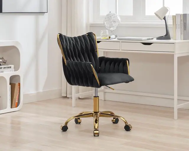 Alt view image 2 of 7 - Modern Velvet Home Office Desk Chair with Hand Woven Backrest, Upholstered Adjustable Makeup Vanity Chair with Armrest and Golden Metal Base with Wheels for Living Room Bedroom Study(Black)