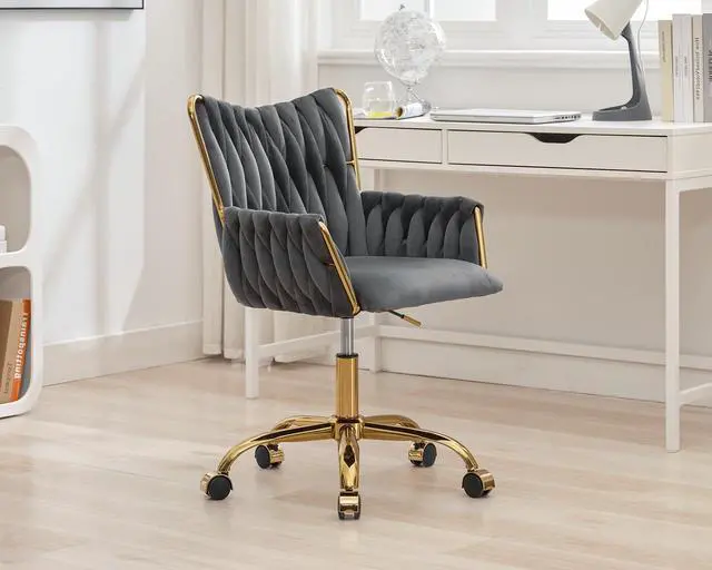 Alt view image 2 of 7 - Modern Velvet Home Office Desk Chair with Hand Woven Backrest, Upholstered Adjustable Makeup Vanity Chair with Armrest and Golden Metal Base with Wheels for Living Room Bedroom Study(Gray)