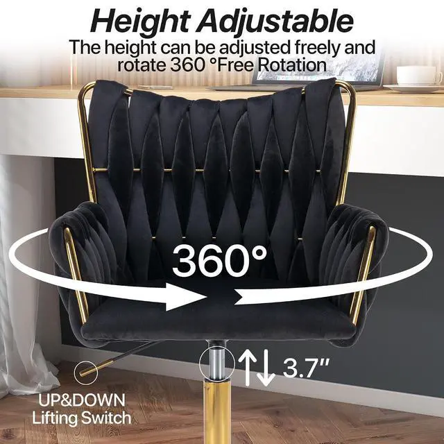Alt view image 4 of 7 - Modern Velvet Home Office Desk Chair with Hand Woven Backrest, Upholstered Adjustable Makeup Vanity Chair with Armrest and Golden Metal Base with Wheels for Living Room Bedroom Study(Black)