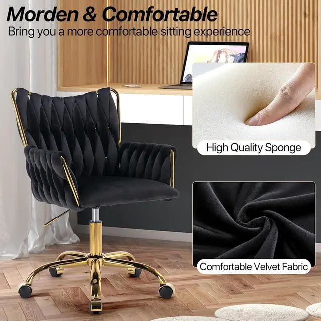 Alt view image 6 of 7 - Modern Velvet Home Office Desk Chair with Hand Woven Backrest, Upholstered Adjustable Makeup Vanity Chair with Armrest and Golden Metal Base with Wheels for Living Room Bedroom Study(Black)