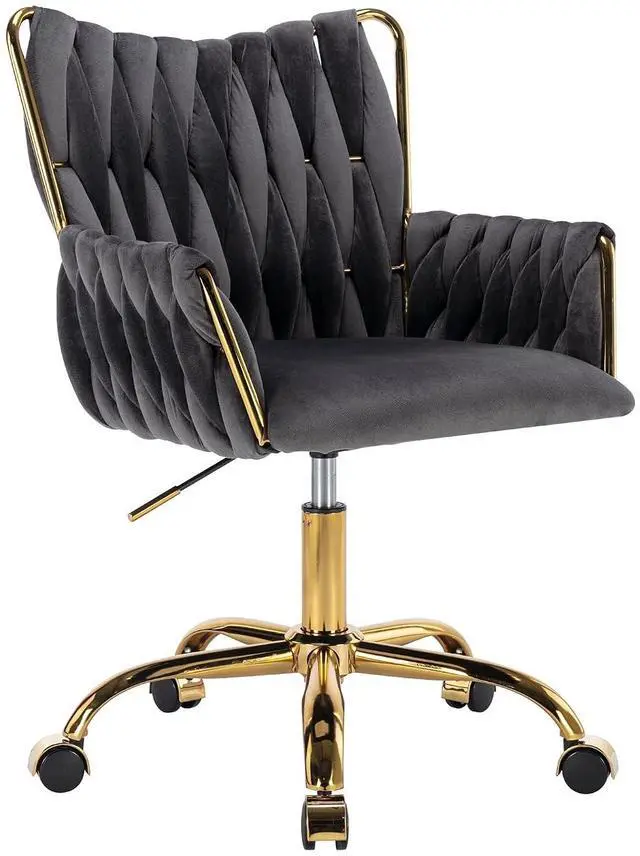 Main image of Modern Velvet Home Office Desk Chair with Hand Woven Backrest, Upholstered Adjustable Makeup Vanity Chair with Armrest and Golden Metal Base with Wheels for Living Room Bedroom Study(Gray)