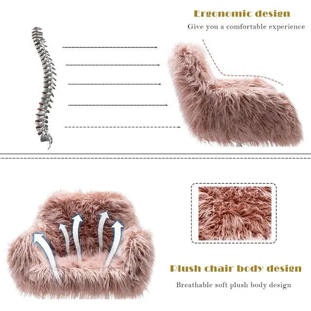 Alt view image 5 of 7 - Fluffy Office Desk Chair, Faux Fur Modern Swivel Armchair with Wheels, Soft Comfy Fuzzy Elegant Accent Makeup Vanity Chairs for Women Girls, Home Living Dressing Room Bedroom, Pink