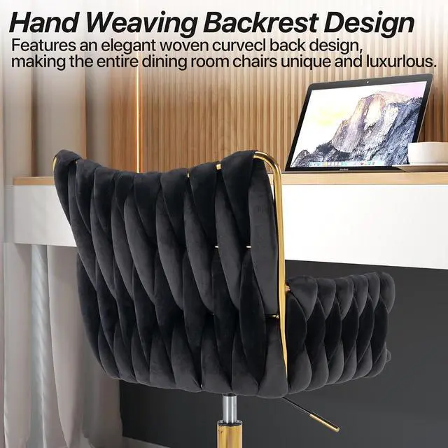 Alt view image 5 of 7 - Modern Velvet Home Office Desk Chair with Hand Woven Backrest, Upholstered Adjustable Makeup Vanity Chair with Armrest and Golden Metal Base with Wheels for Living Room Bedroom Study(Black)