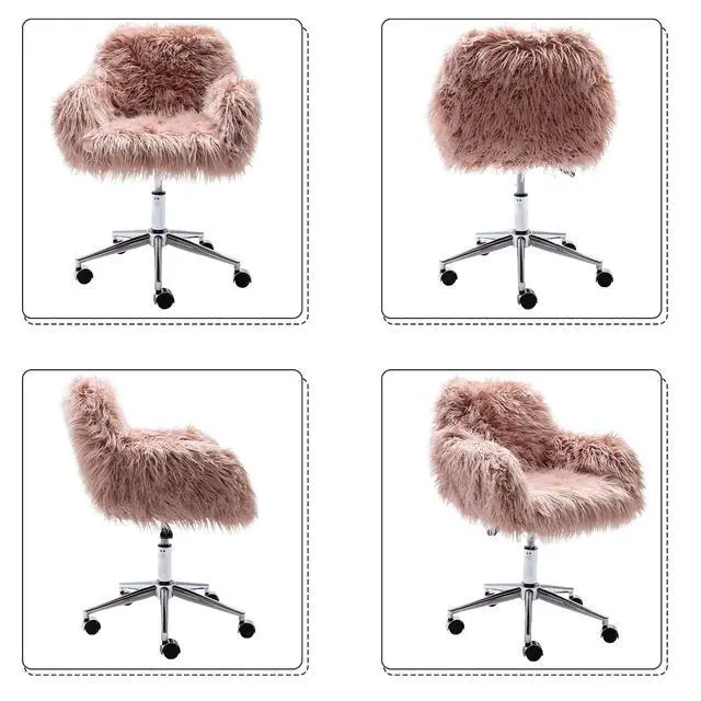 Alt view image 6 of 7 - Fluffy Office Desk Chair, Faux Fur Modern Swivel Armchair with Wheels, Soft Comfy Fuzzy Elegant Accent Makeup Vanity Chairs for Women Girls, Home Living Dressing Room Bedroom, Pink