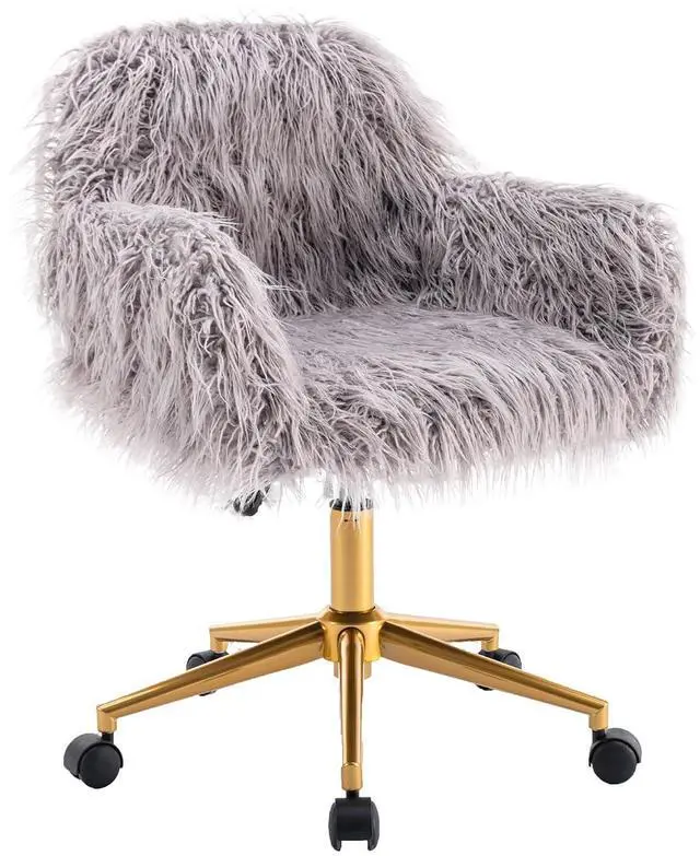 Main image of Fluffy Office Desk Chair, Faux Fur Modern Swivel Armchair with Wheels, Soft Comfy Fuzzy Elegant Accent Makeup Vanity Chairs for Women Girls, Home Living Dressing Room Bedroom, Gray