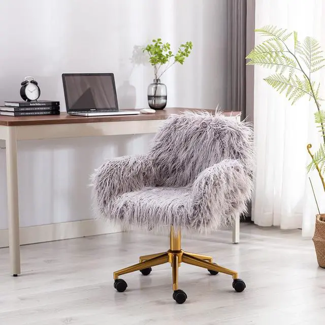 Alt view image 2 of 7 - Fluffy Office Desk Chair, Faux Fur Modern Swivel Armchair with Wheels, Soft Comfy Fuzzy Elegant Accent Makeup Vanity Chairs for Women Girls, Home Living Dressing Room Bedroom, Gray