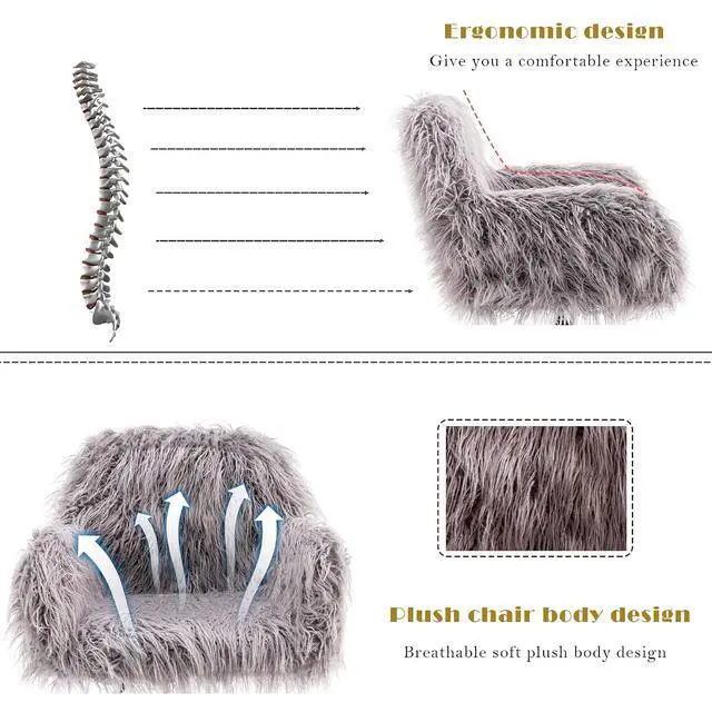 Alt view image 5 of 7 - Fluffy Office Desk Chair, Faux Fur Modern Swivel Armchair with Wheels, Soft Comfy Fuzzy Elegant Accent Makeup Vanity Chairs for Women Girls, Home Living Dressing Room Bedroom, Gray