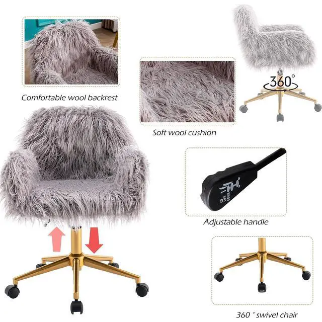 Alt view image 4 of 7 - Fluffy Office Desk Chair, Faux Fur Modern Swivel Armchair with Wheels, Soft Comfy Fuzzy Elegant Accent Makeup Vanity Chairs for Women Girls, Home Living Dressing Room Bedroom, Gray