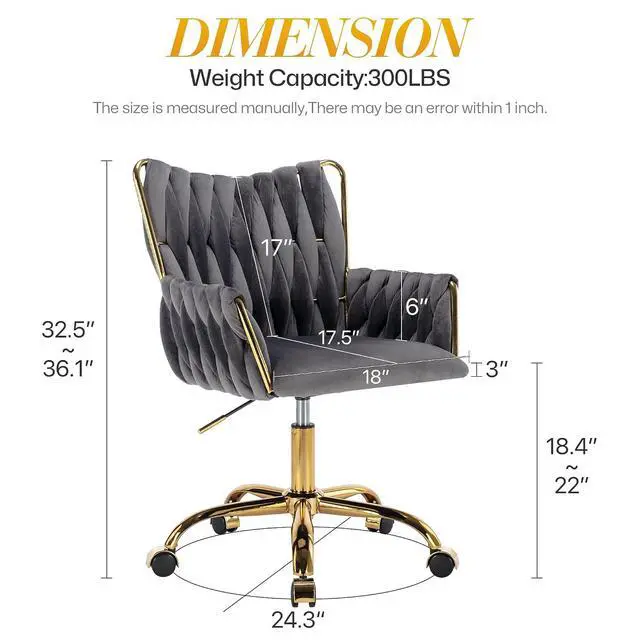 Alt view image 3 of 7 - Modern Velvet Home Office Desk Chair with Hand Woven Backrest, Upholstered Adjustable Makeup Vanity Chair with Armrest and Golden Metal Base with Wheels for Living Room Bedroom Study(Gray)