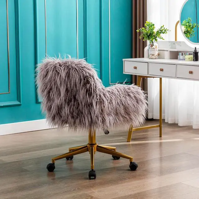 Alt view image 7 of 7 - Fluffy Office Desk Chair, Faux Fur Modern Swivel Armchair with Wheels, Soft Comfy Fuzzy Elegant Accent Makeup Vanity Chairs for Women Girls, Home Living Dressing Room Bedroom, Gray