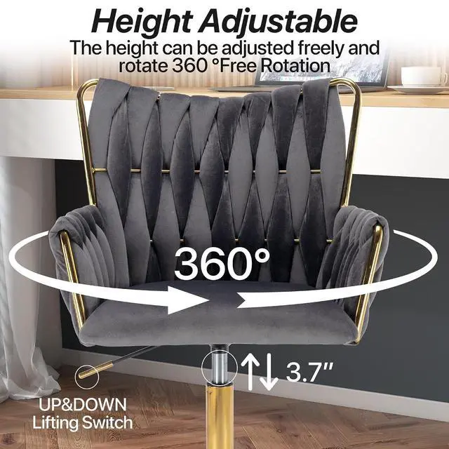 Alt view image 4 of 7 - Modern Velvet Home Office Desk Chair with Hand Woven Backrest, Upholstered Adjustable Makeup Vanity Chair with Armrest and Golden Metal Base with Wheels for Living Room Bedroom Study(Gray)