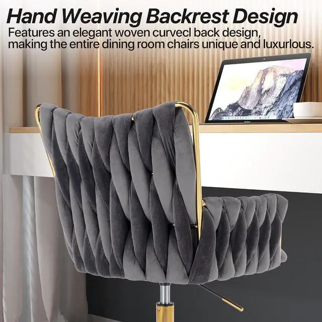 Alt view image 5 of 7 - Modern Velvet Home Office Desk Chair with Hand Woven Backrest, Upholstered Adjustable Makeup Vanity Chair with Armrest and Golden Metal Base with Wheels for Living Room Bedroom Study(Gray)