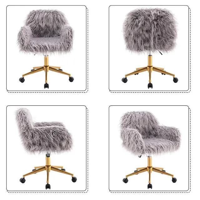 Alt view image 6 of 7 - Fluffy Office Desk Chair, Faux Fur Modern Swivel Armchair with Wheels, Soft Comfy Fuzzy Elegant Accent Makeup Vanity Chairs for Women Girls, Home Living Dressing Room Bedroom, Gray