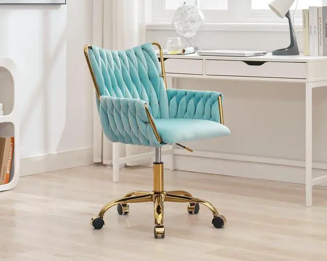 Alt view image 2 of 7 - Modern Velvet Home Office Desk Chair with Hand Woven Backrest, Upholstered Adjustable Makeup Vanity Chair with Armrest and Golden Metal Base with Wheels for Living Room Bedroom Study(Bule)