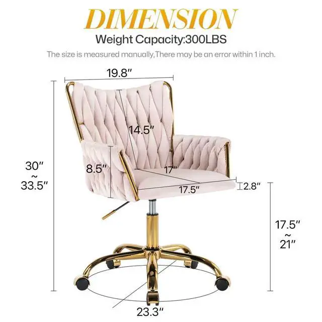 Alt view image 2 of 7 - Modern Velvet Home Office Desk Chair with Hand Woven Backrest, Upholstered Adjustable Makeup Vanity Chair with Armrest and Golden Metal Base with Wheels for Living Room Bedroom Study(Light Pink)