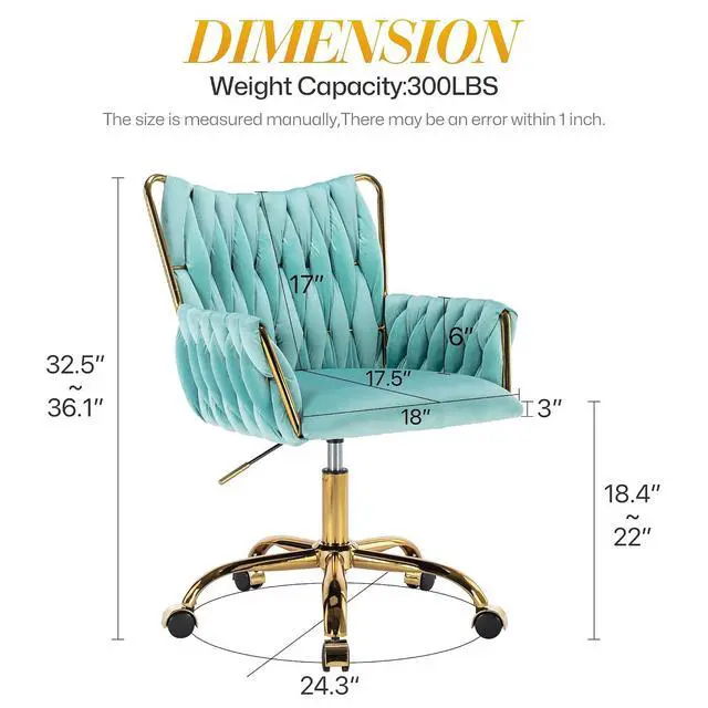 Alt view image 3 of 7 - Modern Velvet Home Office Desk Chair with Hand Woven Backrest, Upholstered Adjustable Makeup Vanity Chair with Armrest and Golden Metal Base with Wheels for Living Room Bedroom Study(Bule)