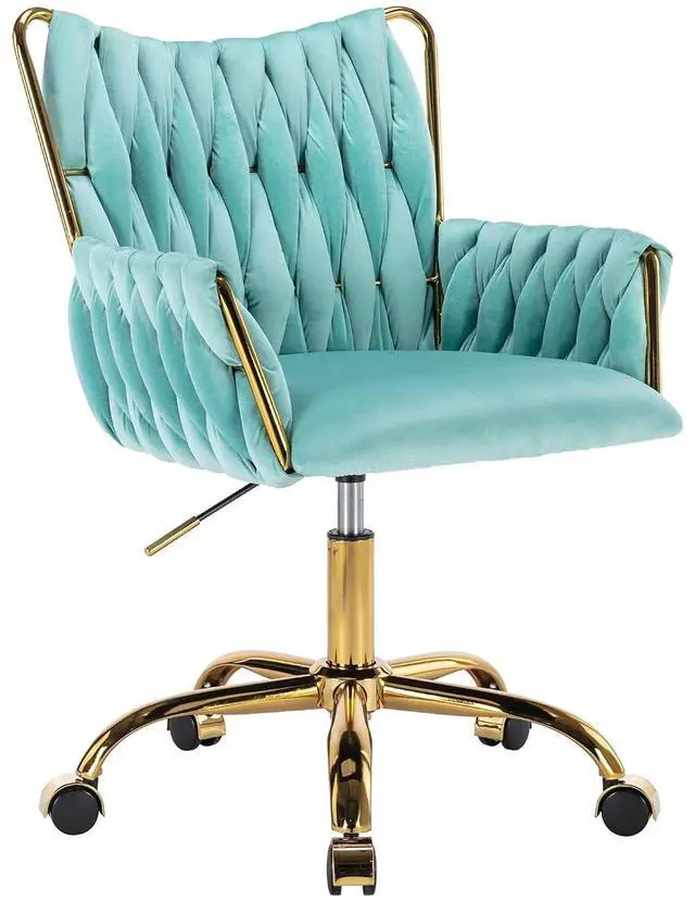 Main image of Modern Velvet Home Office Desk Chair with Hand Woven Backrest, Upholstered Adjustable Makeup Vanity Chair with Armrest and Golden Metal Base with Wheels for Living Room Bedroom Study(Bule)