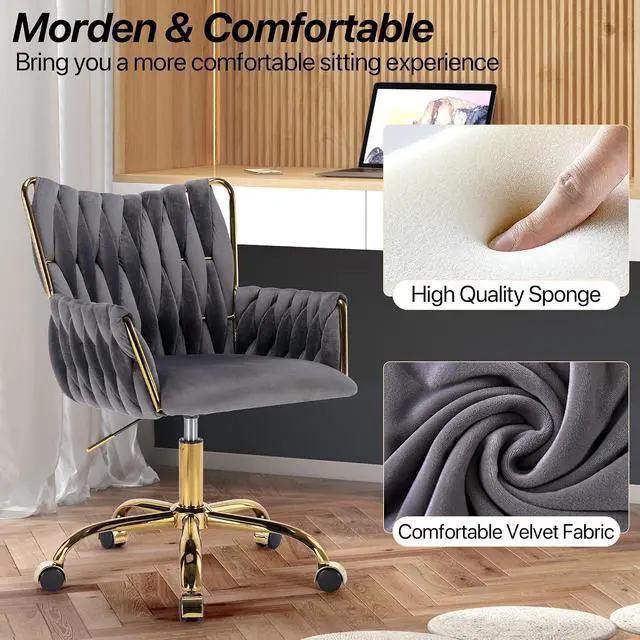 Alt view image 6 of 7 - Modern Velvet Home Office Desk Chair with Hand Woven Backrest, Upholstered Adjustable Makeup Vanity Chair with Armrest and Golden Metal Base with Wheels for Living Room Bedroom Study(Gray)