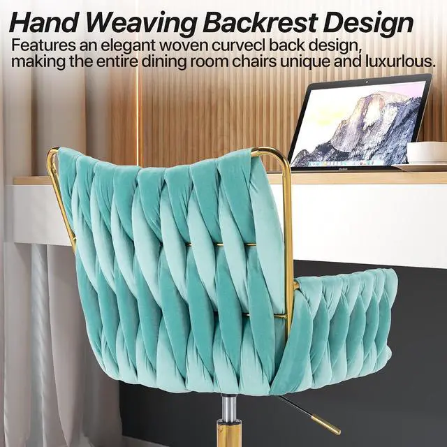 Alt view image 5 of 7 - Modern Velvet Home Office Desk Chair with Hand Woven Backrest, Upholstered Adjustable Makeup Vanity Chair with Armrest and Golden Metal Base with Wheels for Living Room Bedroom Study(Bule)