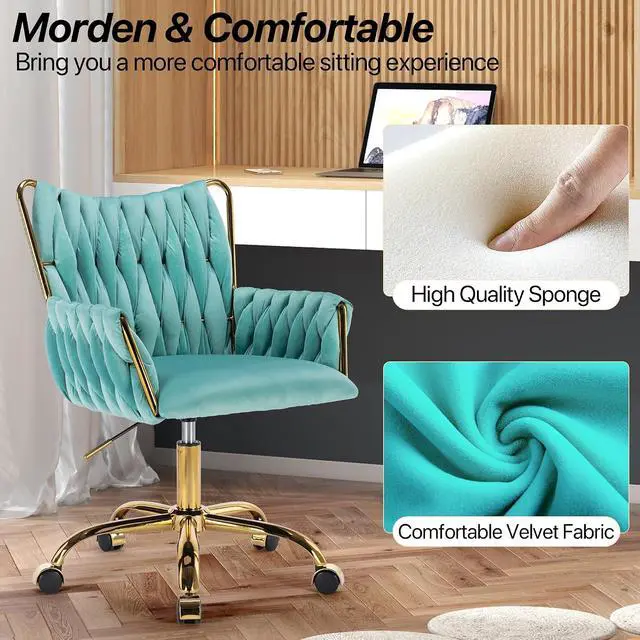 Alt view image 6 of 7 - Modern Velvet Home Office Desk Chair with Hand Woven Backrest, Upholstered Adjustable Makeup Vanity Chair with Armrest and Golden Metal Base with Wheels for Living Room Bedroom Study(Bule)