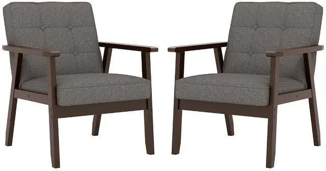 Main image of Mid-Century Modern Linen Fabric Accent Chair Set of 2, Upholstered Tufted Leisure Chair Comfy Reading Side Chairs with Armrest and Solid Wood Frame for Living Room Bedroom Balcony(Gray)