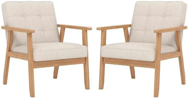 Main image of Mid-Century Modern Linen Fabric Accent Chair Set of 2, Upholstered Tufted Leisure Chair Comfy Reading Side Chair with Armrest and Solid Wood Frame for Living Room Bedroom Balcony(Beige)