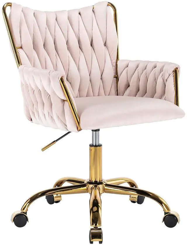 Main image of Modern Velvet Home Office Desk Chair with Hand Woven Backrest, Upholstered Adjustable Makeup Vanity Chair with Armrest and Golden Metal Base with Wheels for Living Room Bedroom Study(Light Pink)