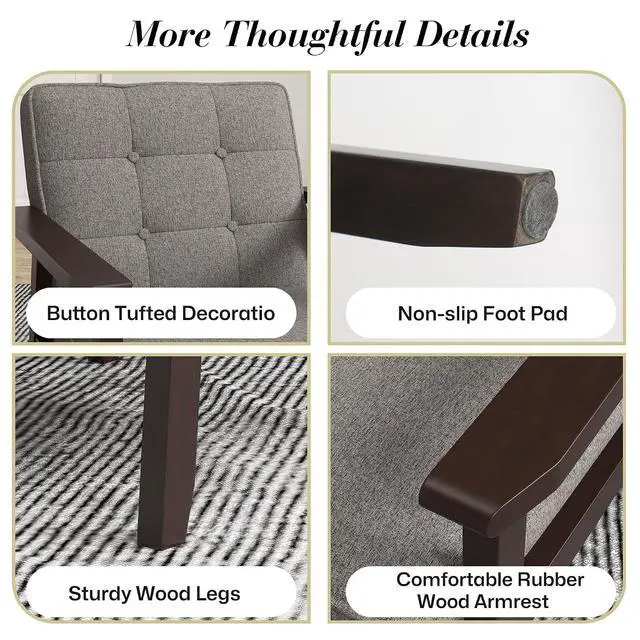 Alt view image 6 of 7 - Mid-Century Modern Linen Fabric Accent Chair Set of 2, Upholstered Tufted Leisure Chair Comfy Reading Side Chairs with Armrest and Solid Wood Frame for Living Room Bedroom Balcony(Gray)