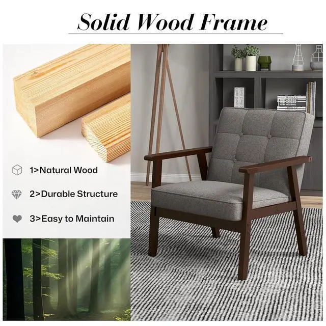 Alt view image 7 of 7 - Mid-Century Modern Linen Fabric Accent Chair Set of 2, Upholstered Tufted Leisure Chair Comfy Reading Side Chairs with Armrest and Solid Wood Frame for Living Room Bedroom Balcony(Gray)