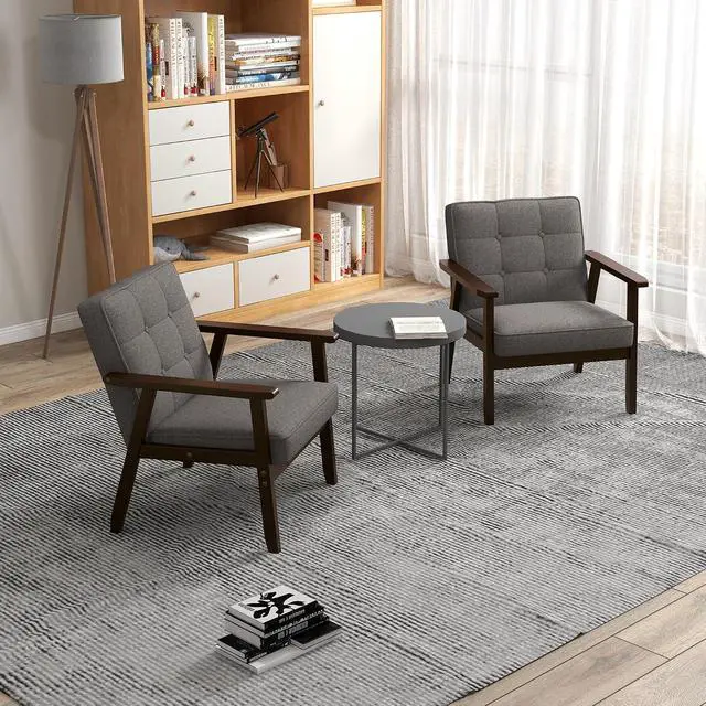 Alt view image 2 of 7 - Mid-Century Modern Linen Fabric Accent Chair Set of 2, Upholstered Tufted Leisure Chair Comfy Reading Side Chairs with Armrest and Solid Wood Frame for Living Room Bedroom Balcony(Gray)